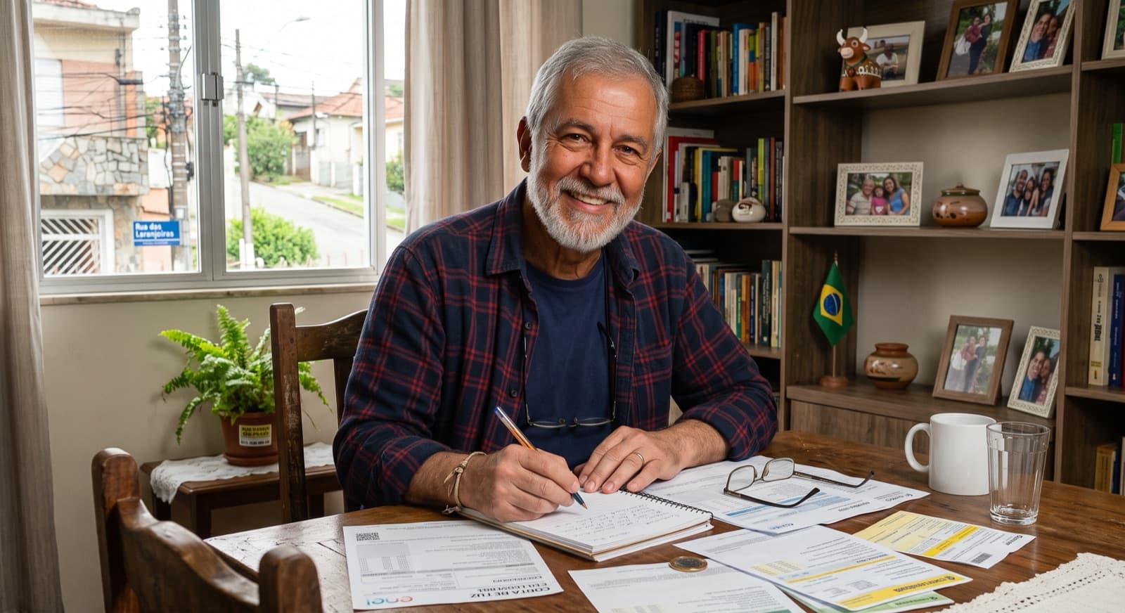 Homem de cabelos grisalhos sentado à mesa de casa, com documentos e caderno de anotações